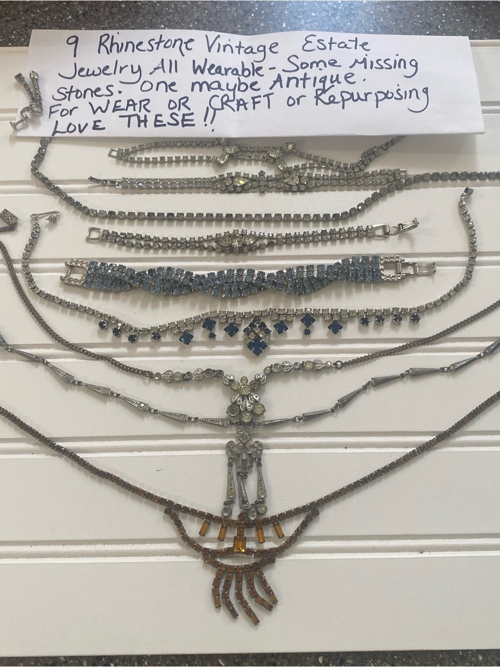 Vintage Rhinestone Layered Necklace Set - Silver Tone with Blue & Amber Accents